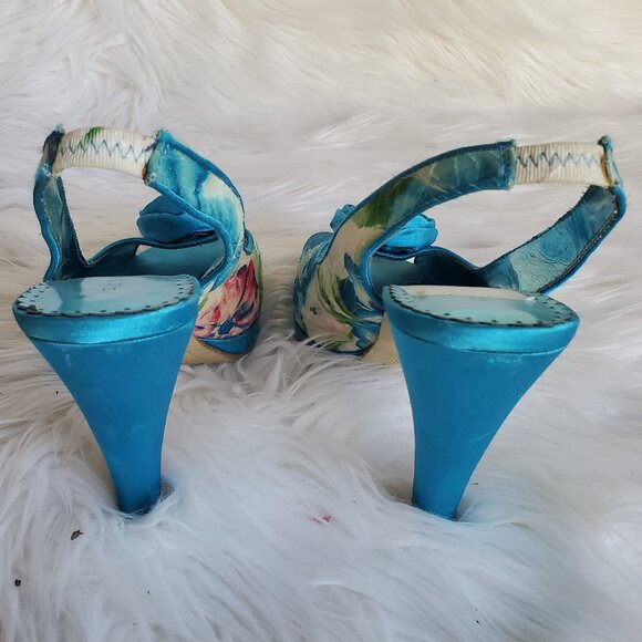 Rampage Primrose Blue Flower Print with Floral Embellishment Heels SZ 8 - Picture 6 of 14